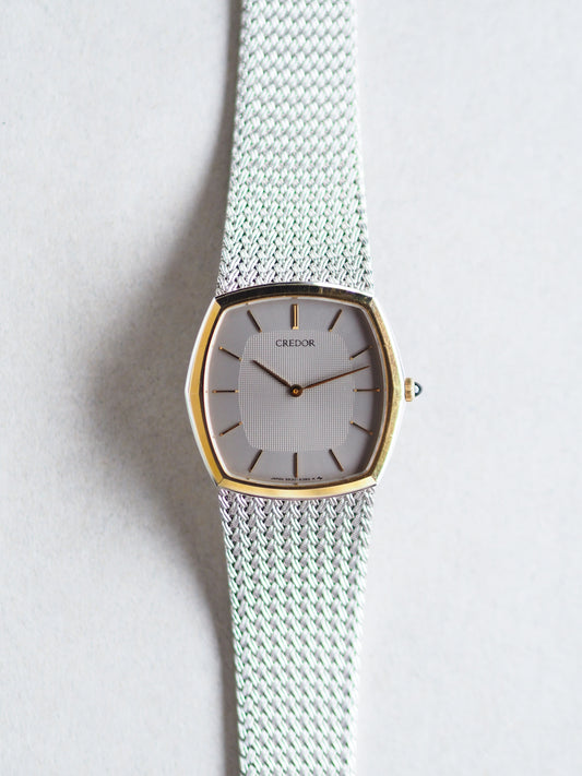 Credor 5930-5392 14KT Bezel Two Tone Silver Gray Hobnail Dial