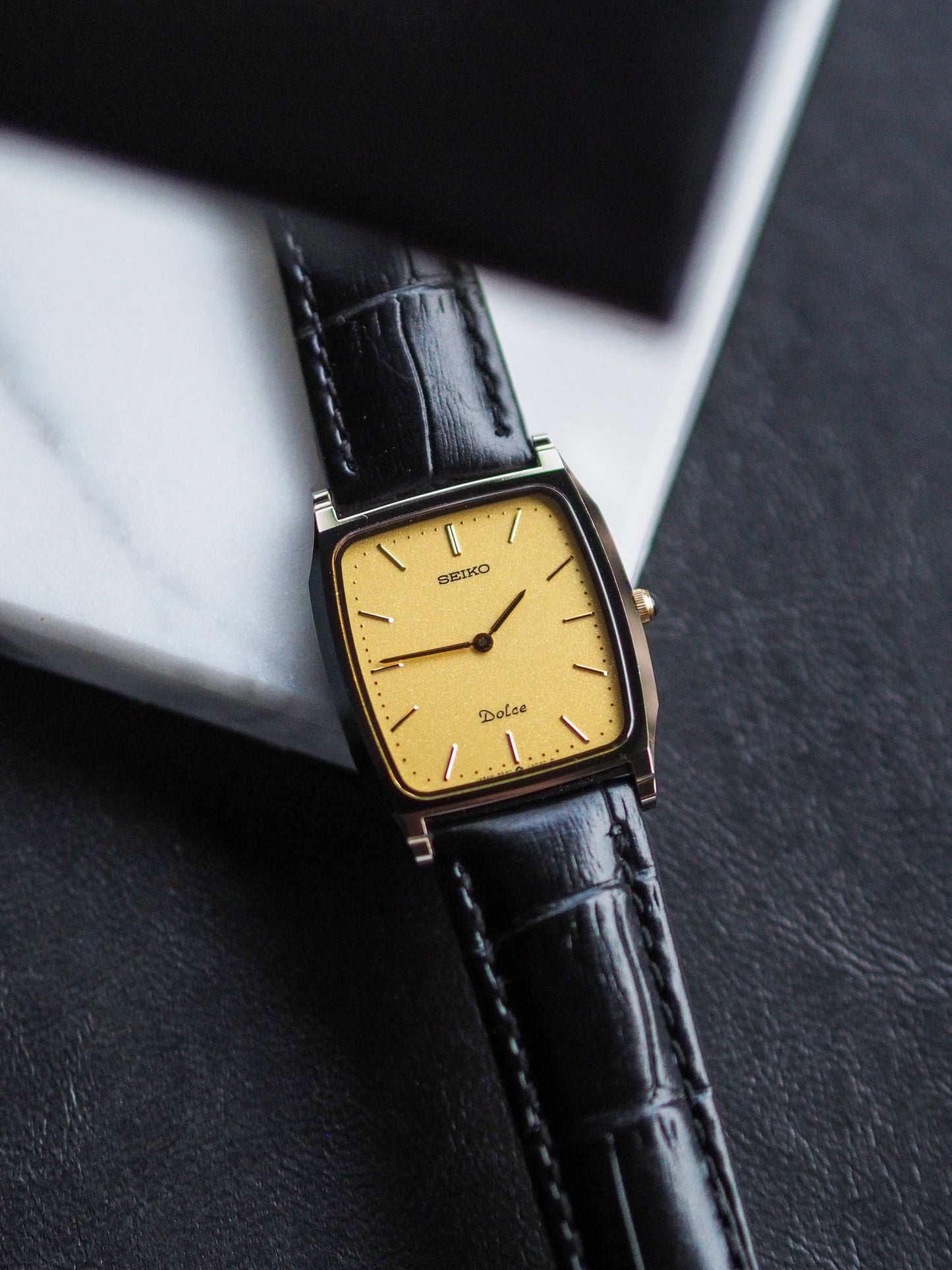 Seiko Dolce 9530-5030 Tank Tungsten Carbide Gold Sand Textured Dial