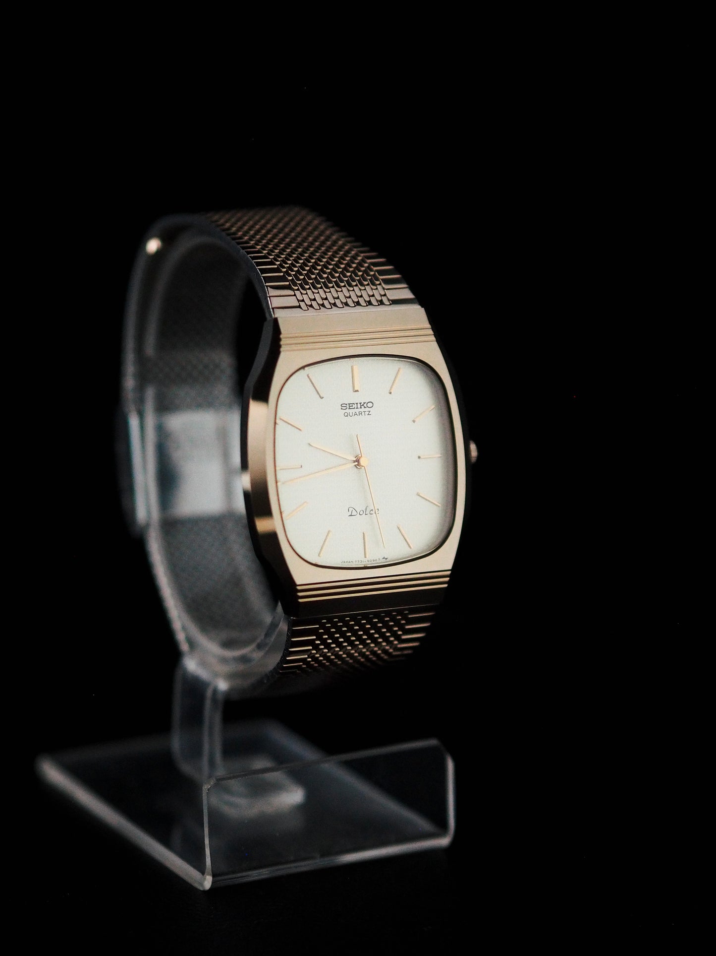 Seiko Dolce 7731-5091 Tonneau Tungsten Carbide Gold Textured Dial