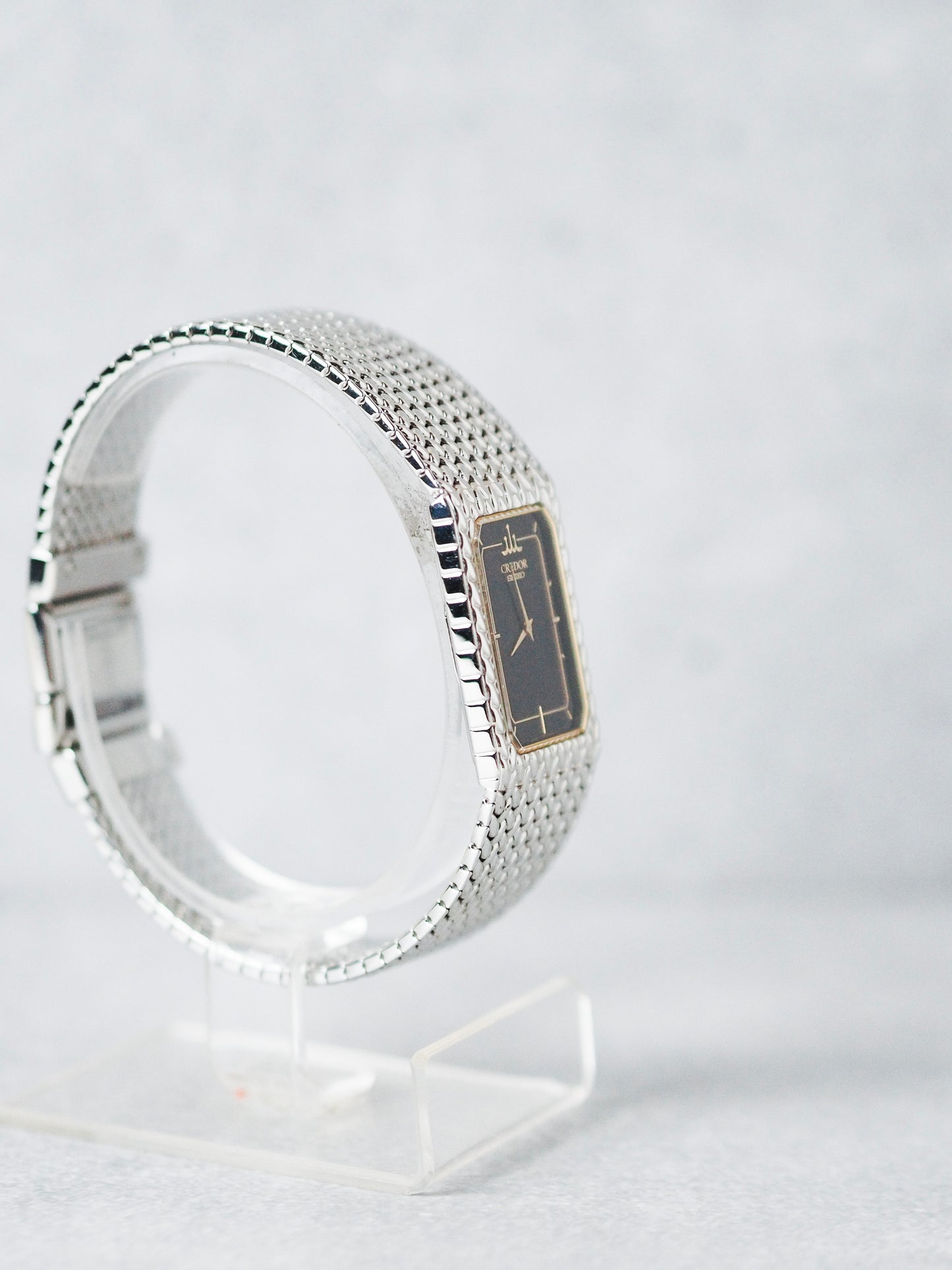 Credor Seiko 2F70-5331 Tank Stainless Steel Woven Bracelet Black Dial