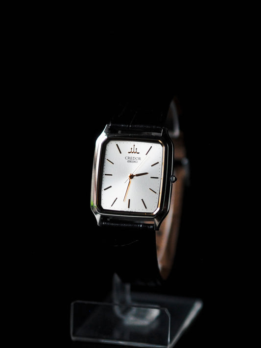 Credor Seiko Tank 8J81-5020 Silver Sunburst Pinstripe Pattern Dial