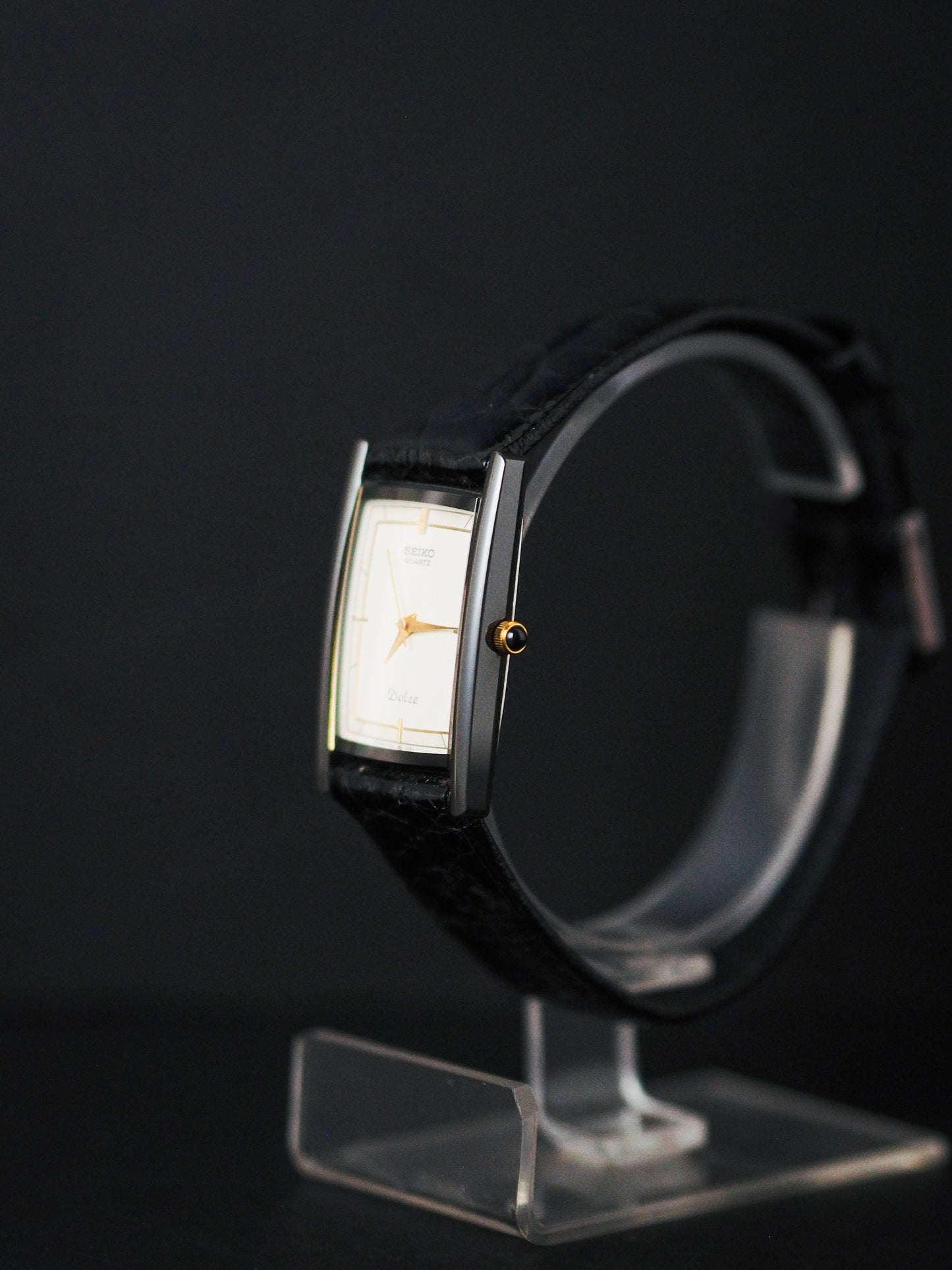 Seiko Dolce 7321-5830 Quartz Tank Black Ceramic White Ivory Dial