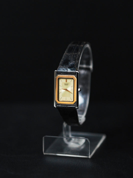 Credor Seiko 6730-5100 Tank Dual Tone 14K Gold Bezel Champagne Dial