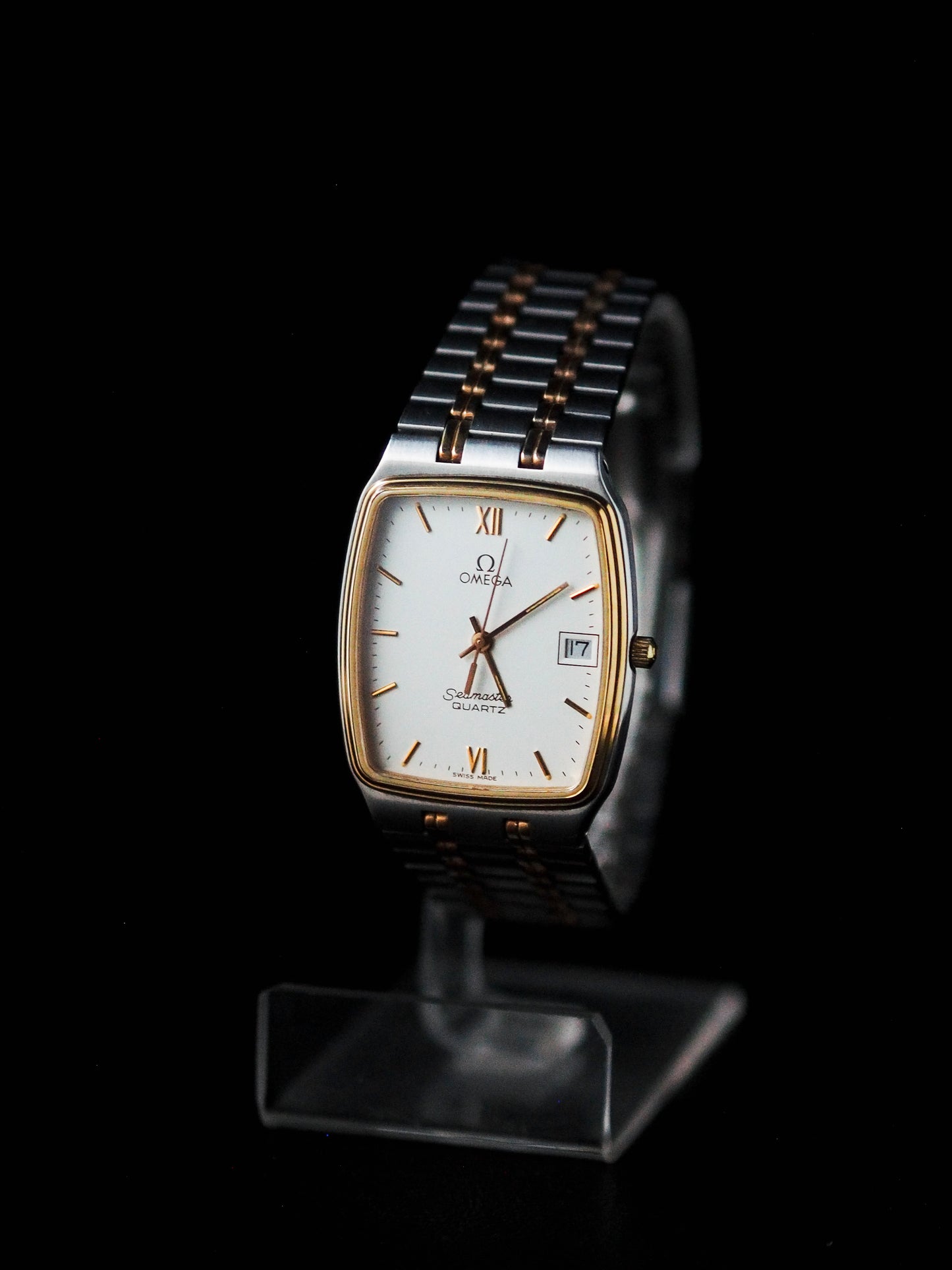 Omega Seamaster Quartz 1430 Tank Two Tone White Dial