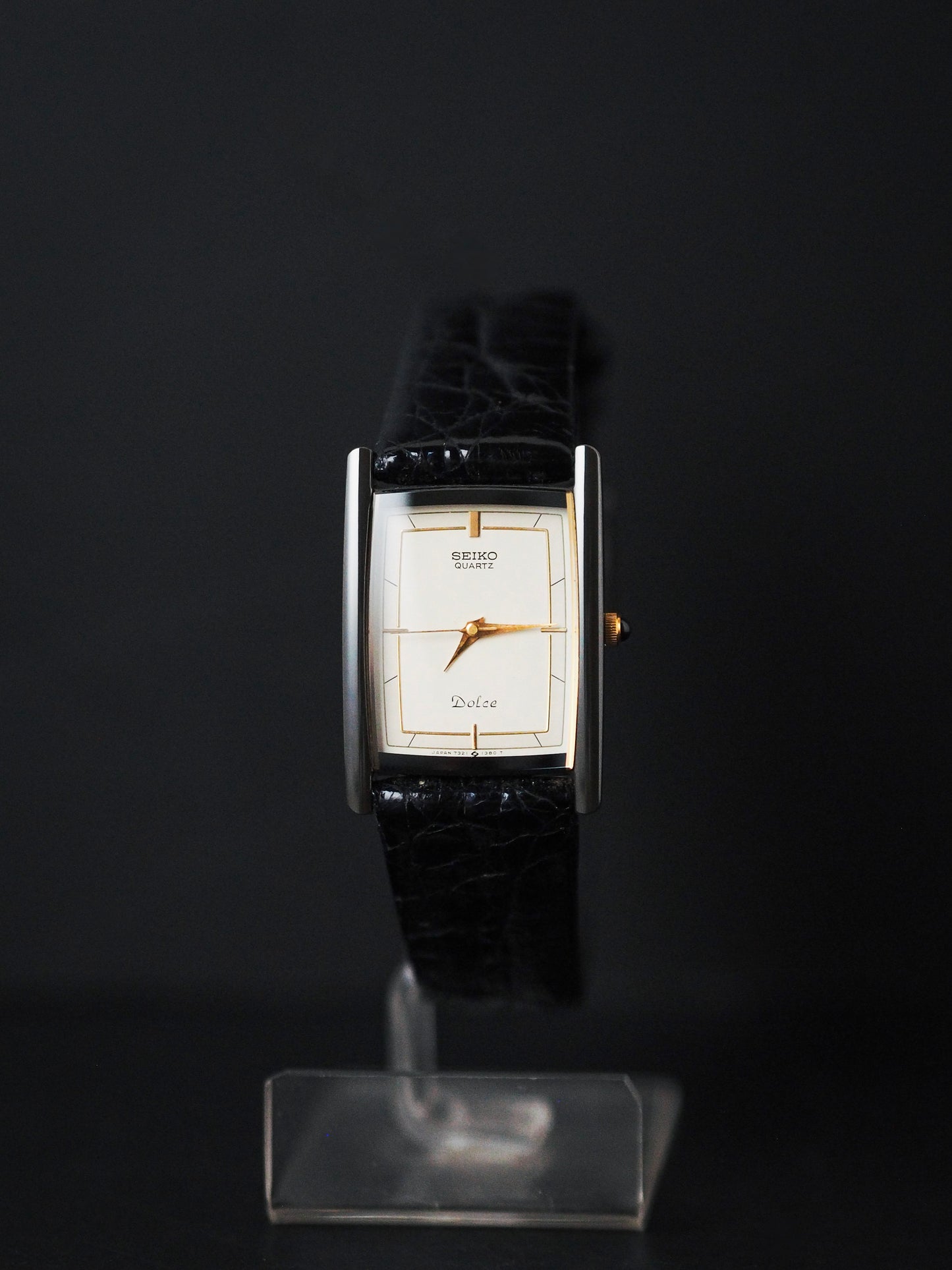 Seiko Dolce 7321-5830 Quartz Tank Black Ceramic White Ivory Dial