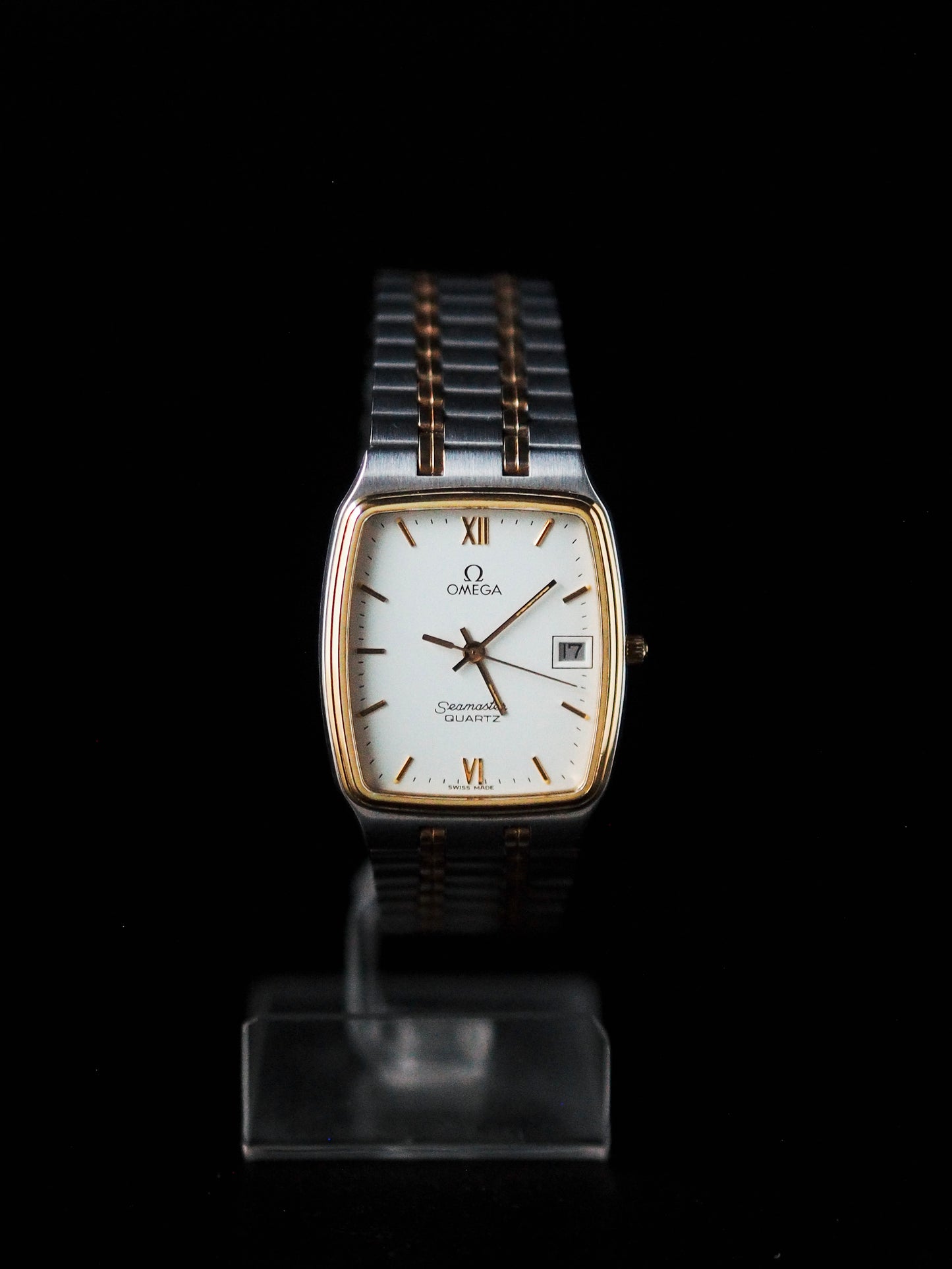 Omega Seamaster Quartz 1430 Tank Two Tone White Dial