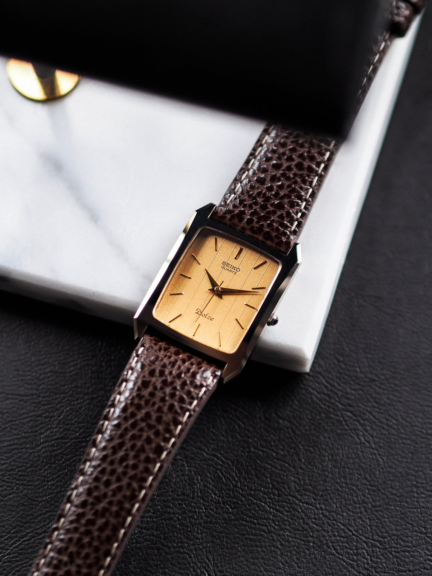 Seiko Dolce 7321-5570 Tank Tungsten Carbide Gold Pinstripe Dial