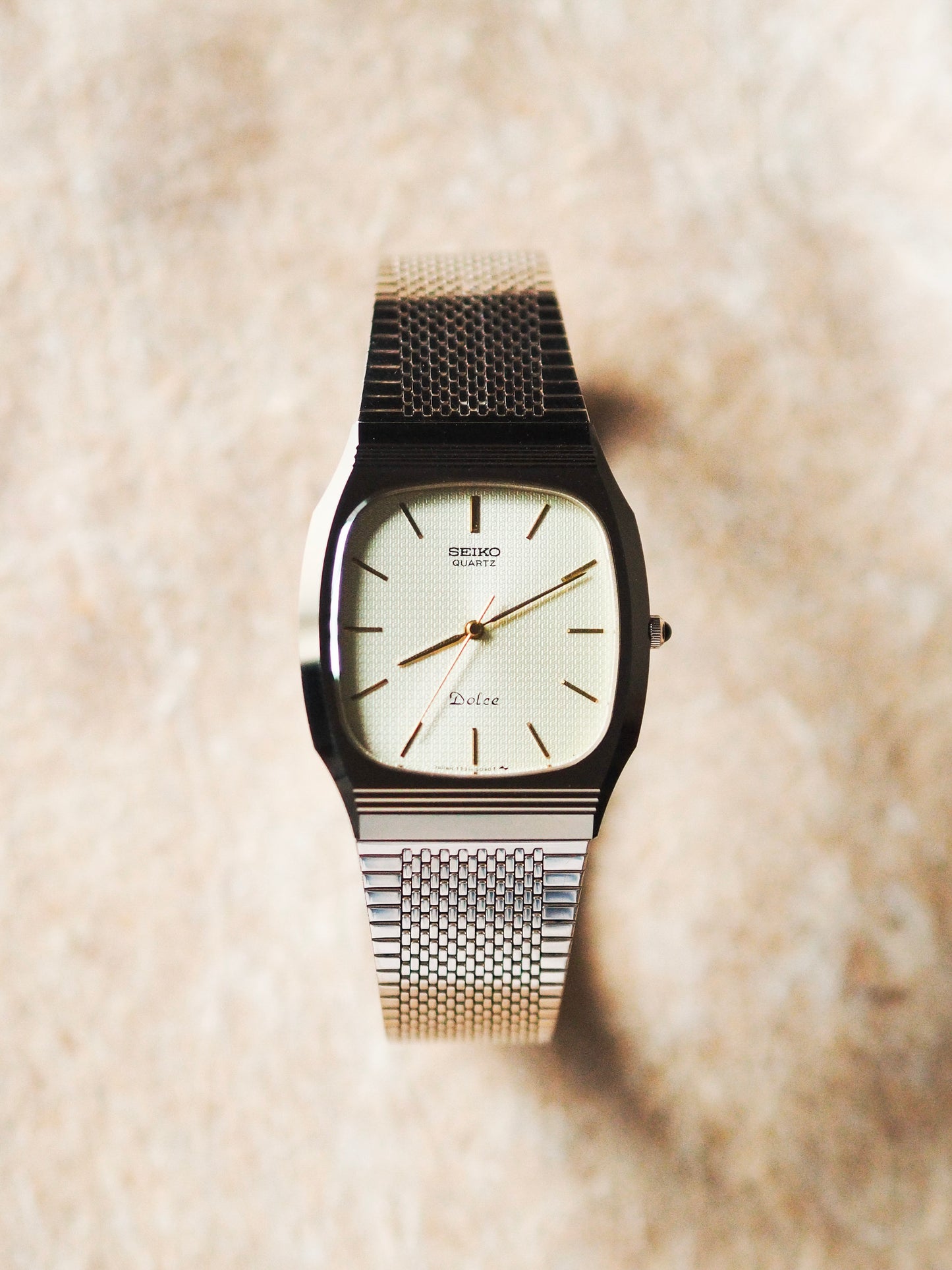 Seiko Dolce 7731-5091 Tonneau Tungsten Carbide Gold Textured Dial