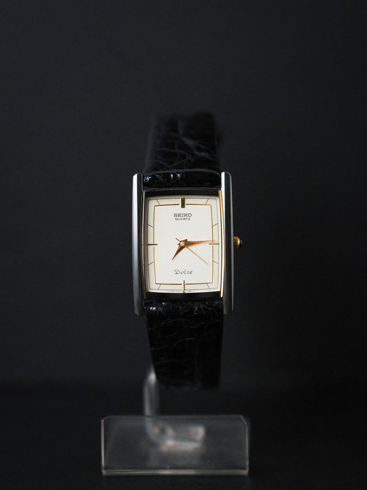 Seiko Dolce 7321-5830 Quartz Tank Black Ceramic White Ivory Dial