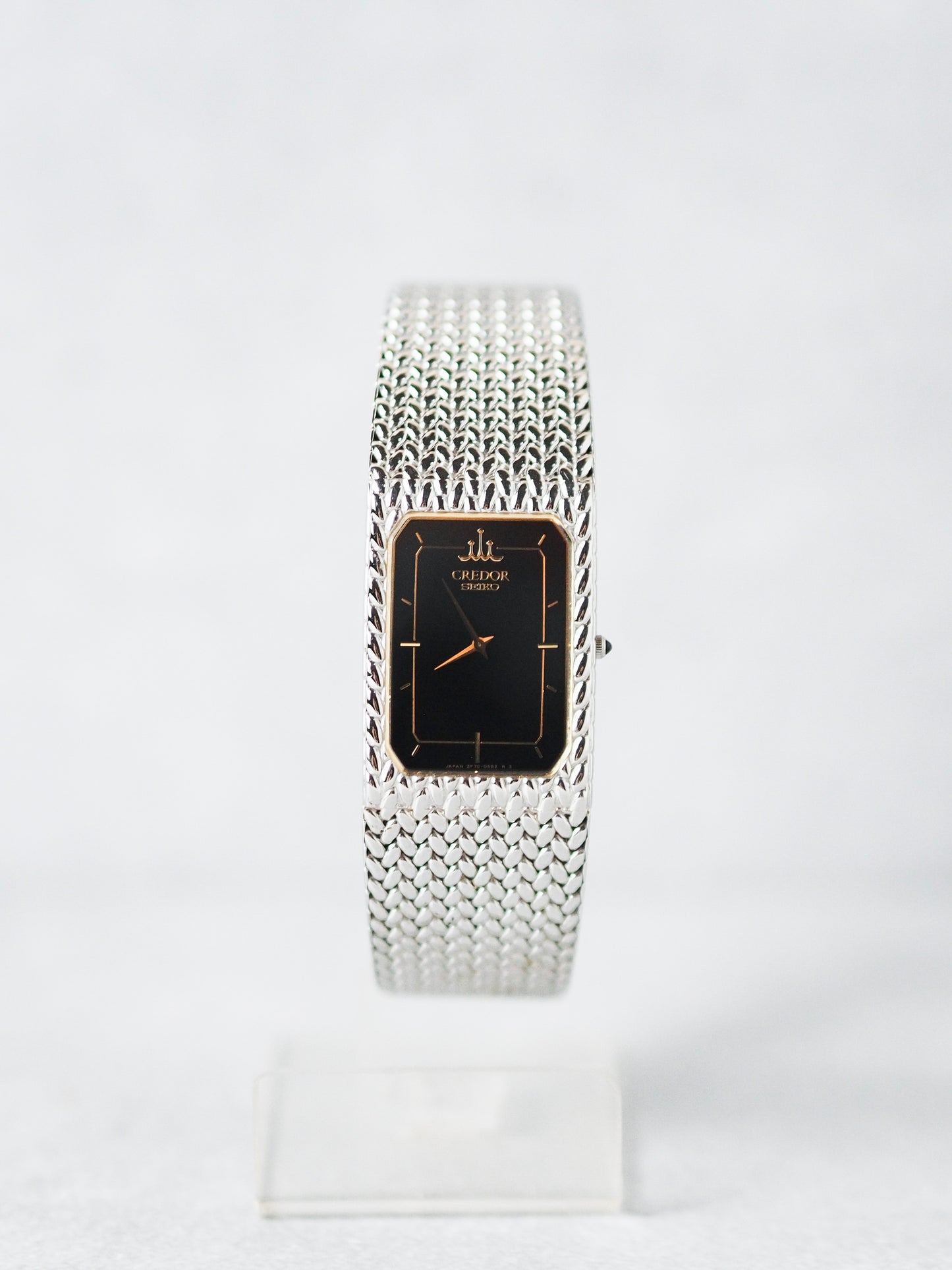 Credor Seiko 2F70-5331 Tank Stainless Steel Woven Bracelet Black Dial