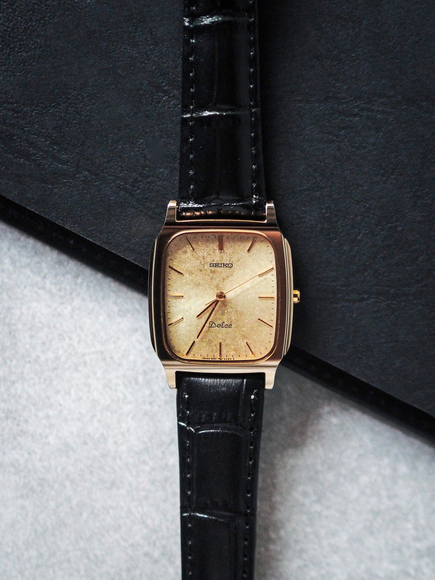 Seiko Dolce 8N41-5070 Tank Tungsten Carbide Gold Brushed Dial
