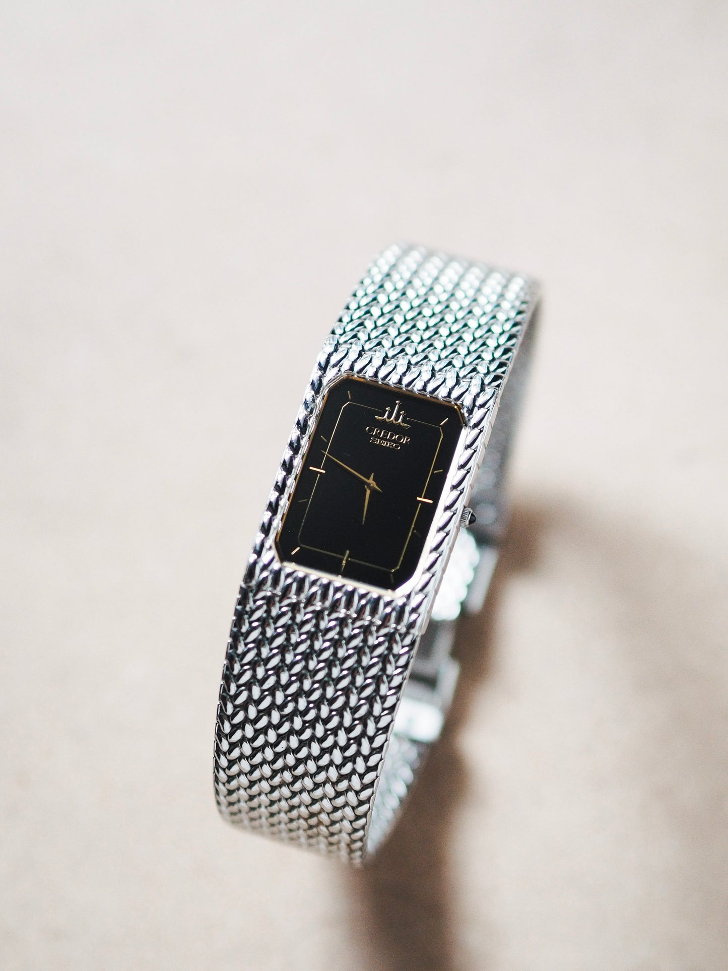 Credor Seiko 2F70-5331 Tank Stainless Steel Woven Bracelet Black Dial