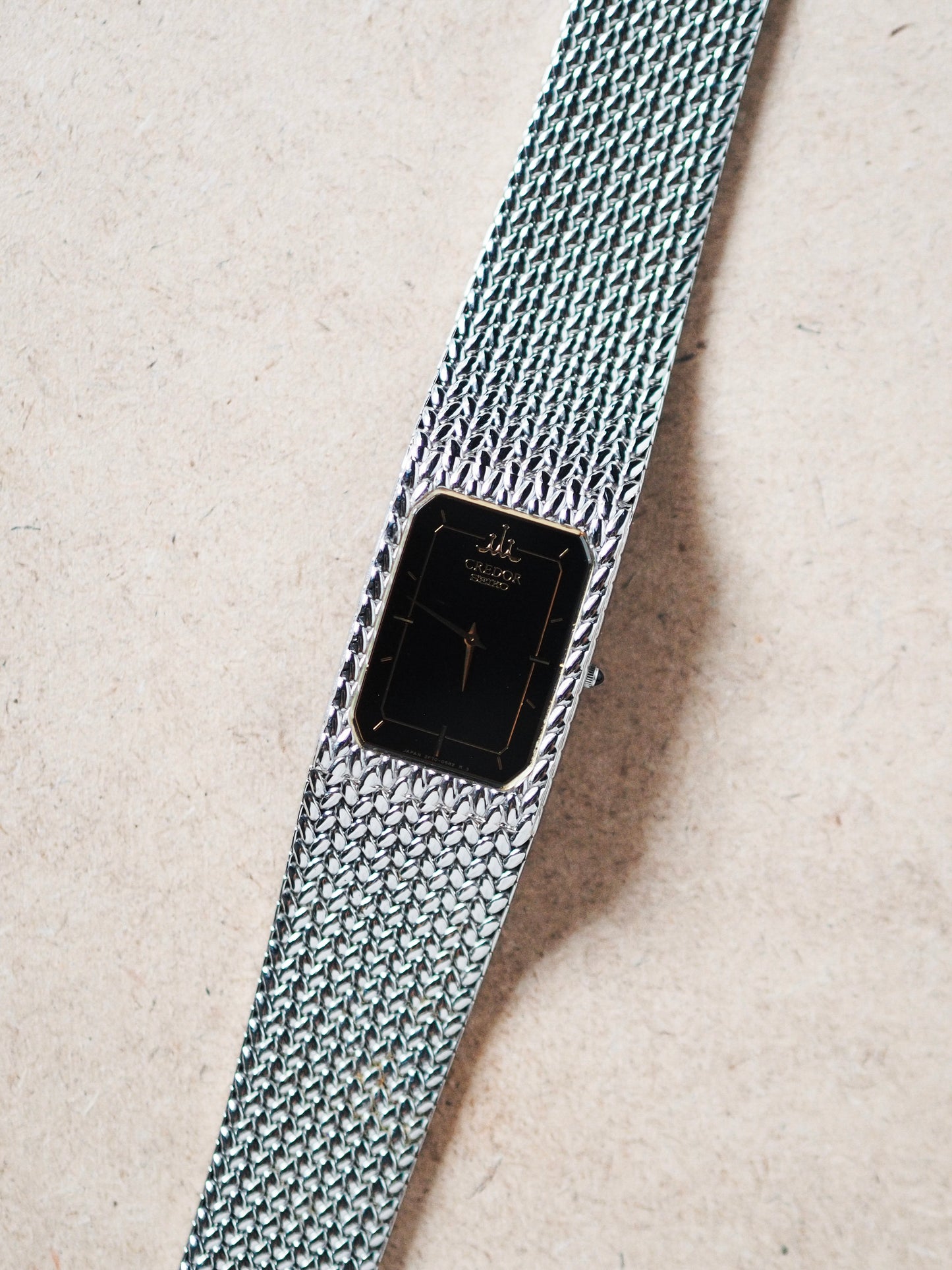 Credor Seiko 2F70-5331 Tank Stainless Steel Woven Bracelet Black Dial