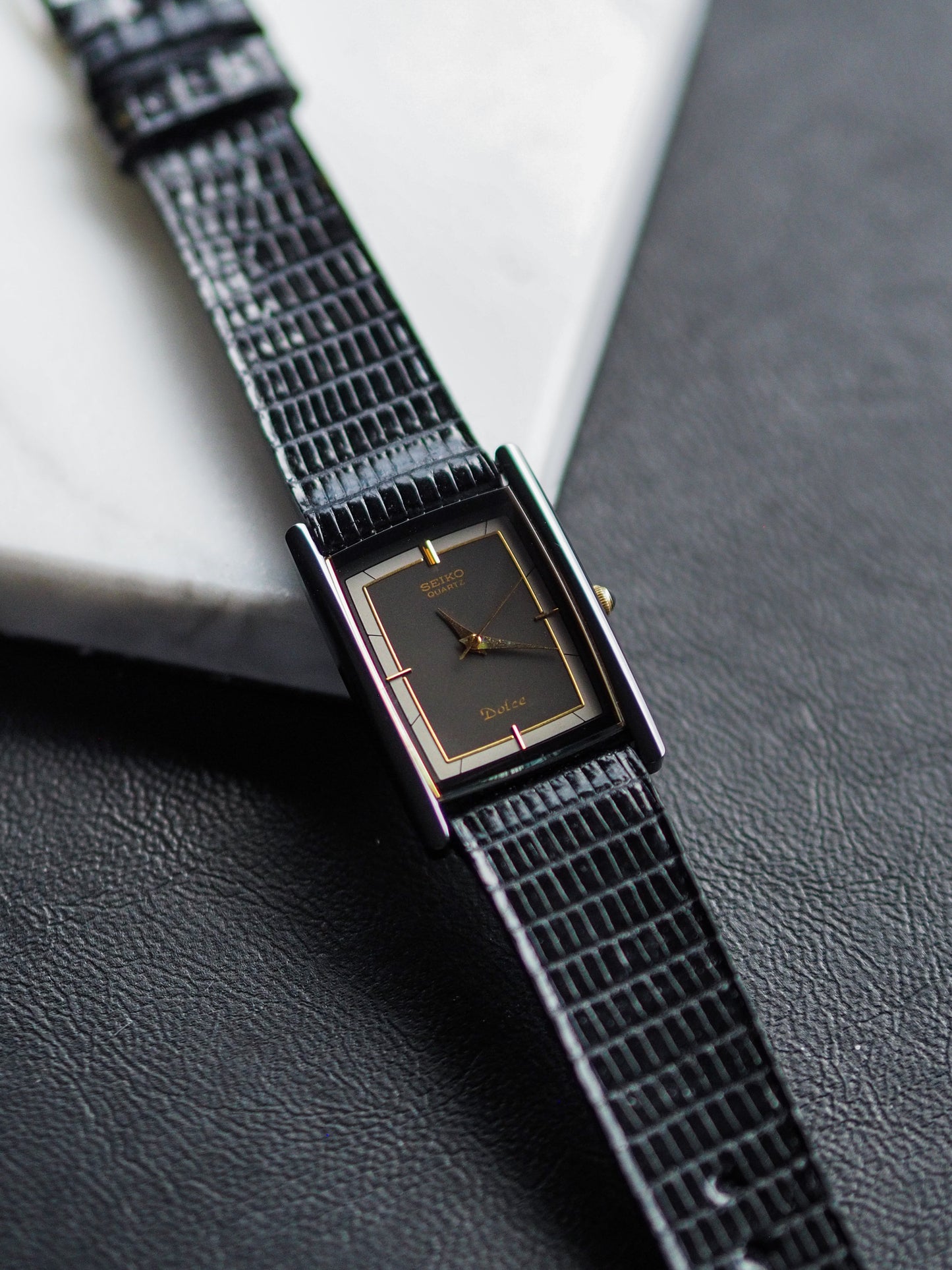 Seiko Dolce 7321-583A Quartz Tank Black Ceramic Black Tuxedo Dial