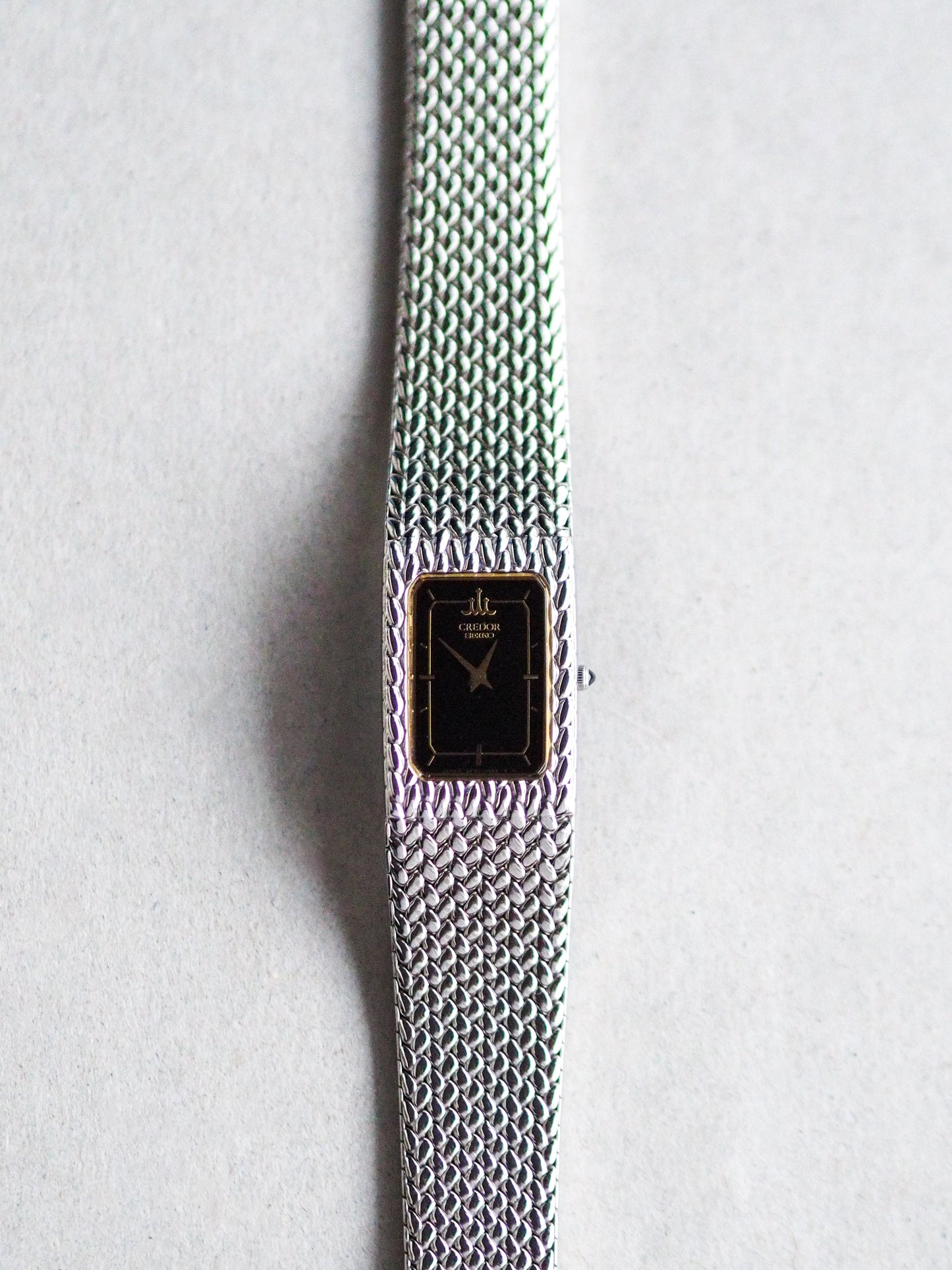 Credor Seiko Ladies 2F70-5341 Tank Stainless Steel Woven Bracelet Black Dial
