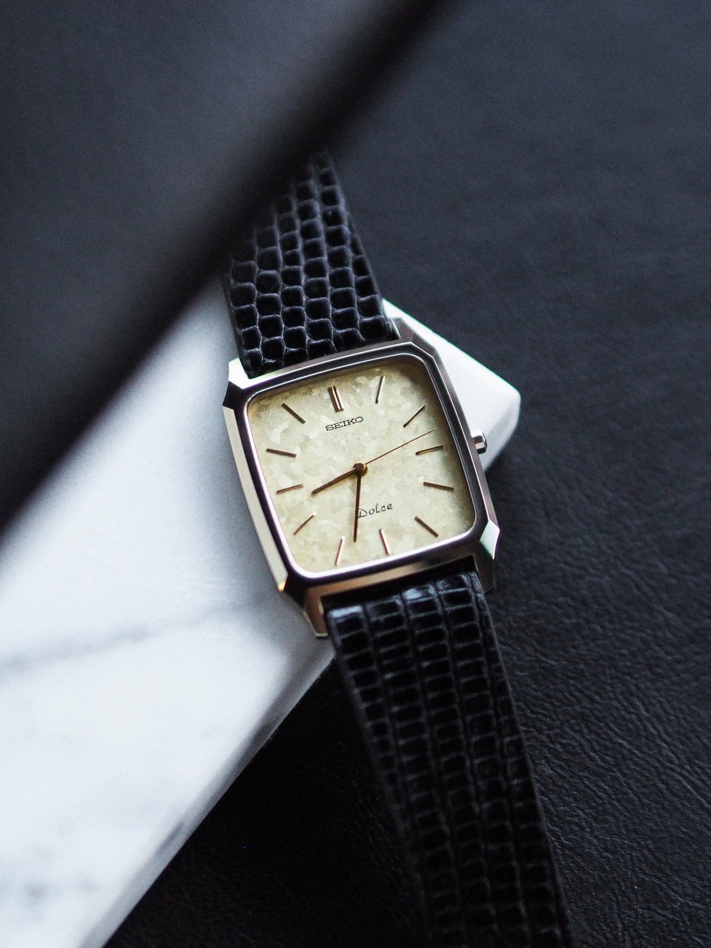 Seiko Dolce 7741-5140 Tank Ceramics Gold Flake Dial