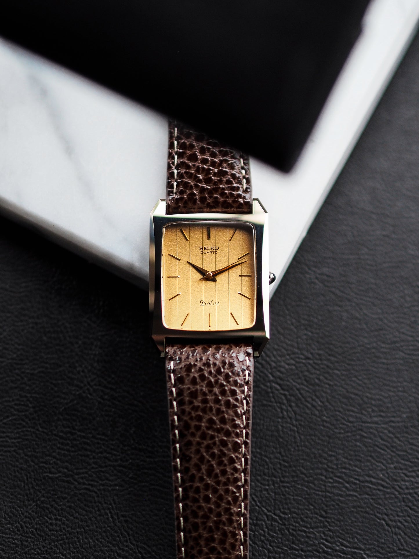 Seiko Dolce 7321-5570 Tank Tungsten Carbide Gold Pinstripe Dial