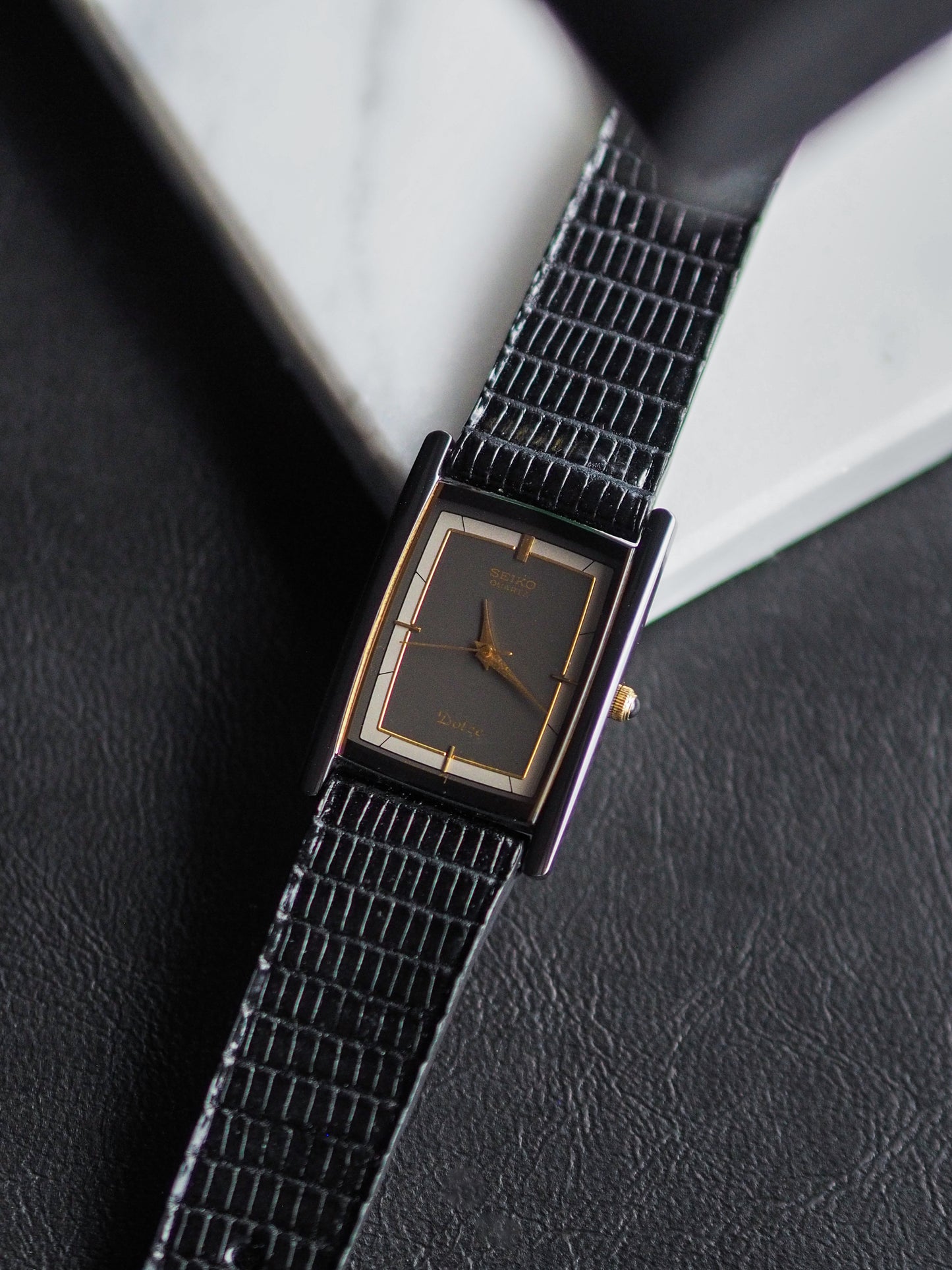 Seiko Dolce 7321-583A Quartz Tank Black Ceramic Black Tuxedo Dial