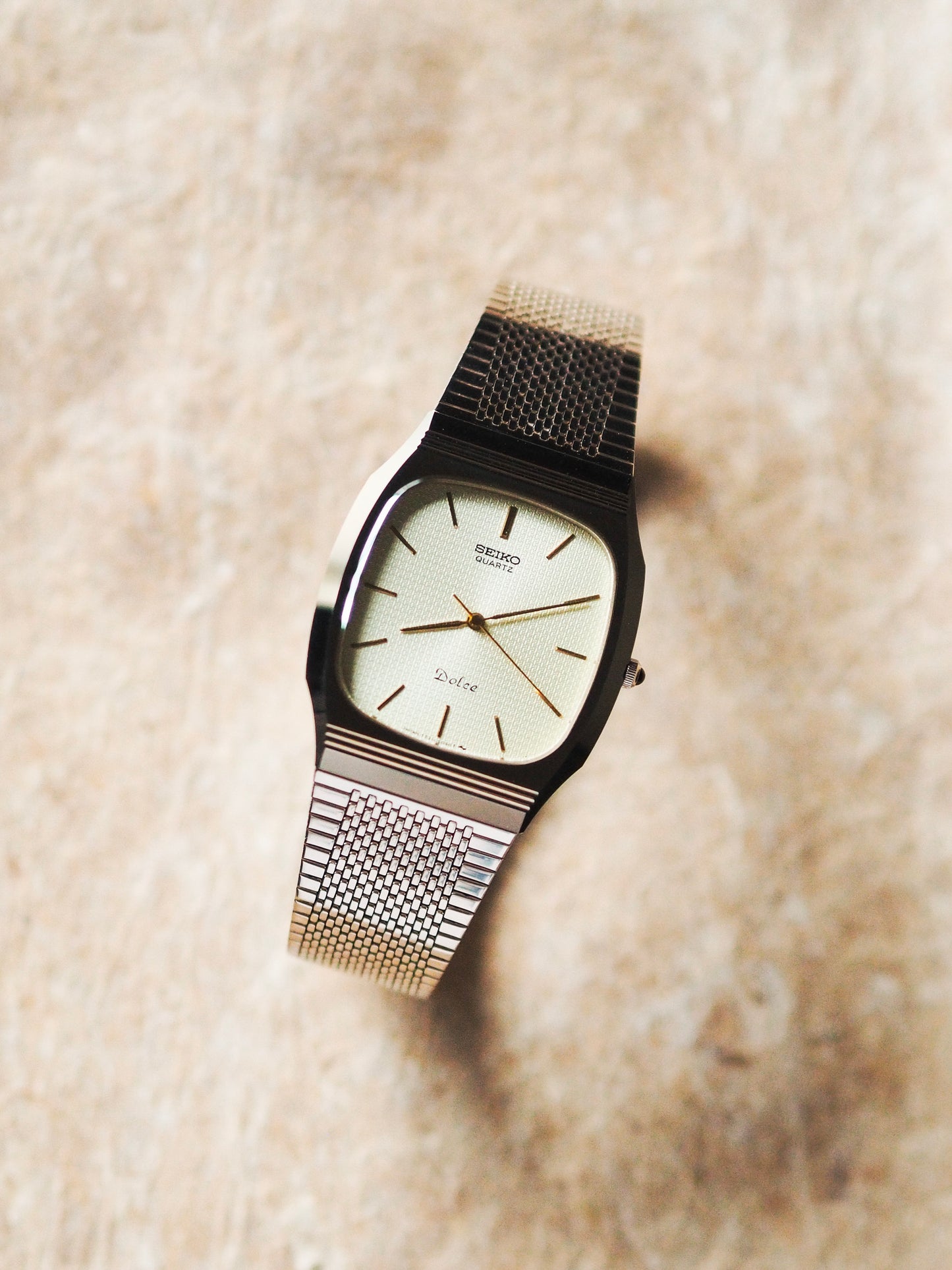 Seiko Dolce 7731-5091 Tonneau Tungsten Carbide Gold Textured Dial