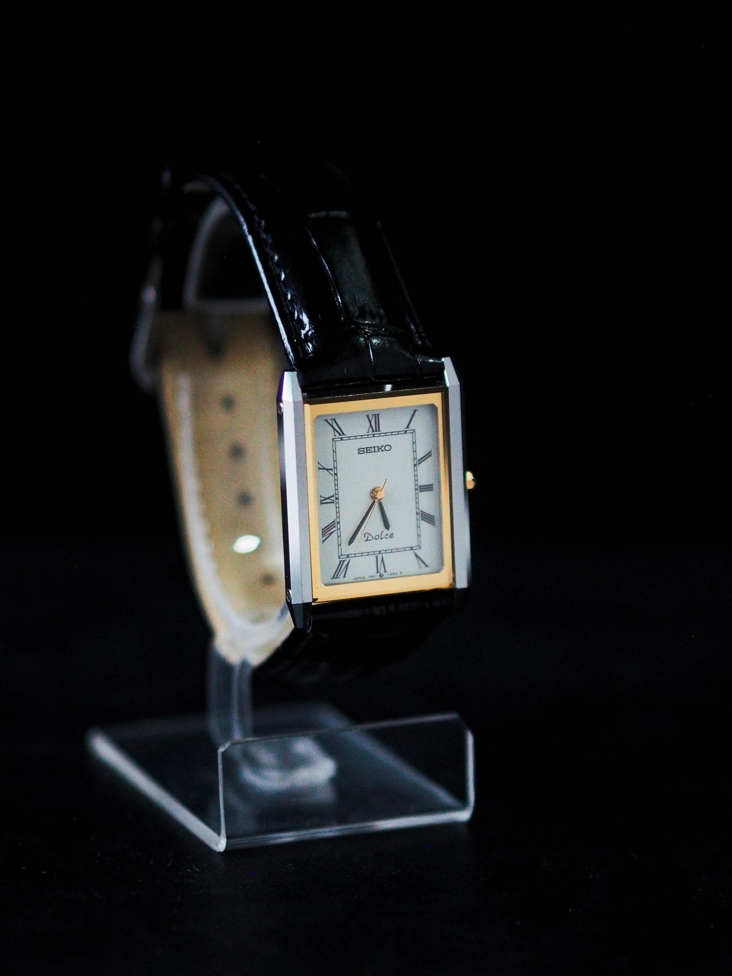 Seiko Dolce 7321-6170 Tank Tungsten Carbide Two Tone Case White Roman Dial