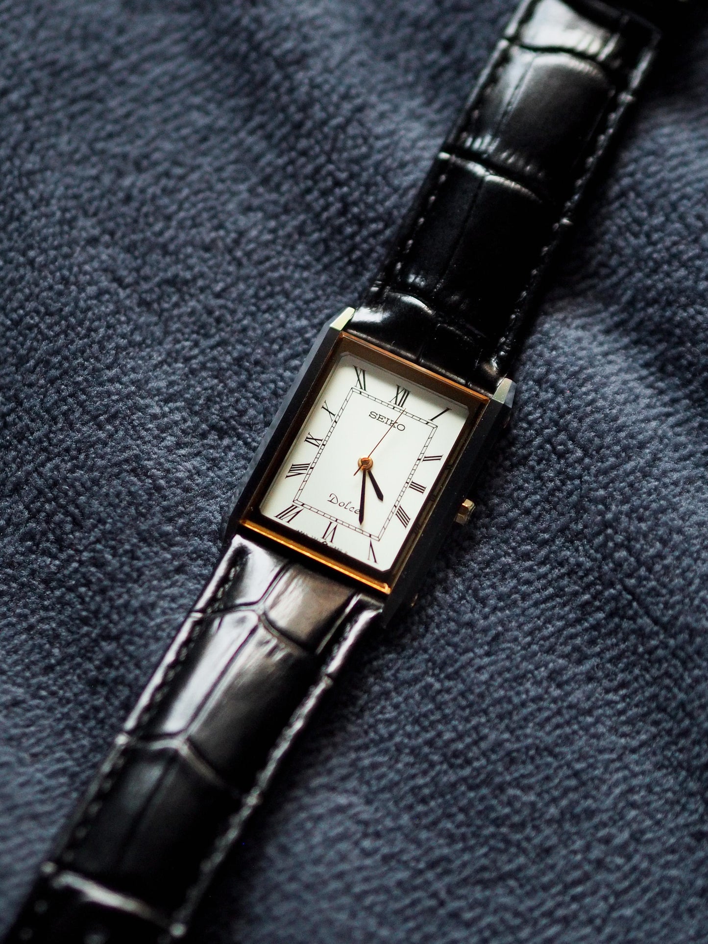 Seiko Dolce 7321-6170 Tank Tungsten Carbide Two Tone Case White Roman Dial