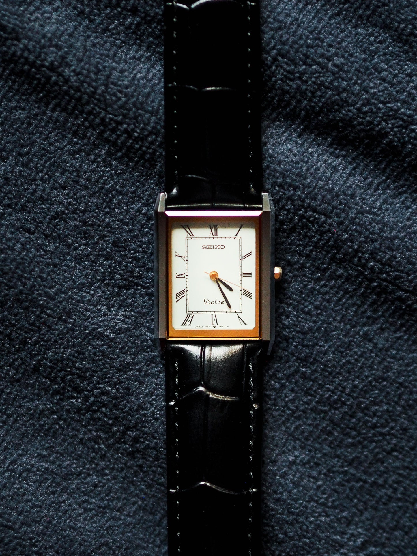 Seiko Dolce 7321-6170 Tank Tungsten Carbide Two Tone Case White Roman Dial