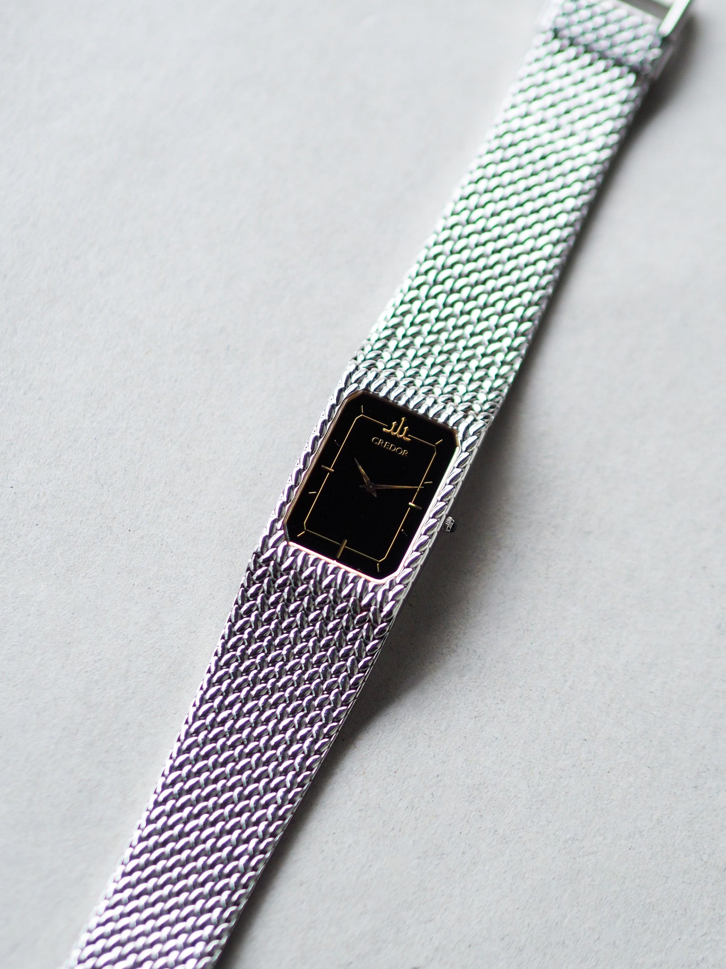 Credor 2F70-5330 Tank Stainless Steel Woven Bracelet Black Dial