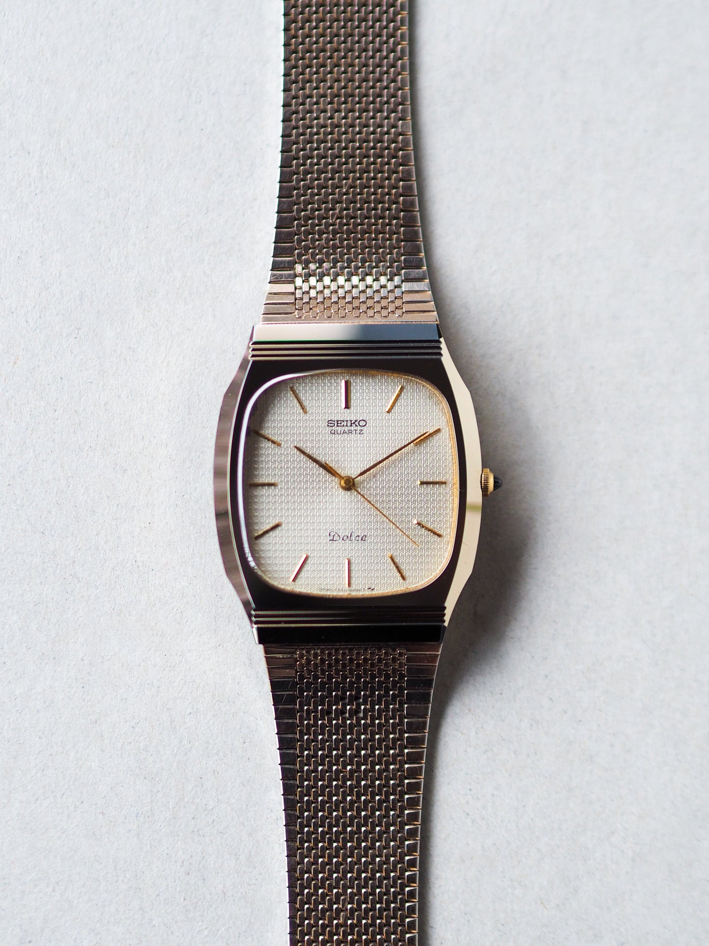 Seiko Dolce 7731-5091 Tonneau Tungsten Carbide Champagne Textured Dial