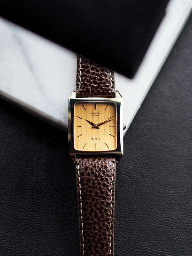 Seiko Dolce 7321-5570 Tank Tungsten Carbide Gold Pinstripe Dial