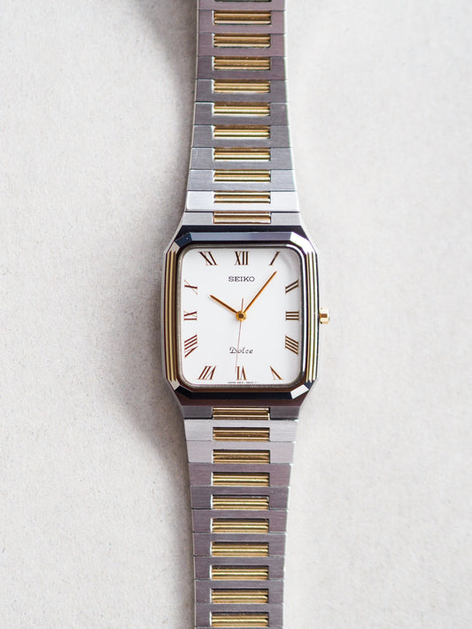 Seiko Dolce 5E31-5B00 Tank Tungsten Carbide Two Tone White Dial