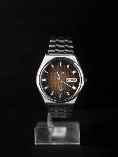 SEIKO ACTUS SS 21JEWELSブラウン千鳥柄文字盤稼働品 Seiko Actus SS 6306-8030 JDM Faceted Crystal Shuriken Brown Dial