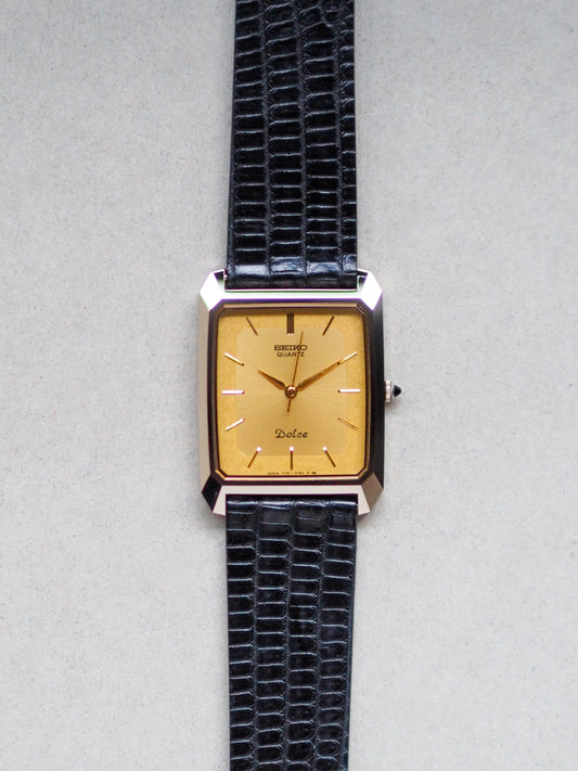 Seiko Dolce 7731-5150 Quartz Tank Tungsten Gold Frame Textured Dial