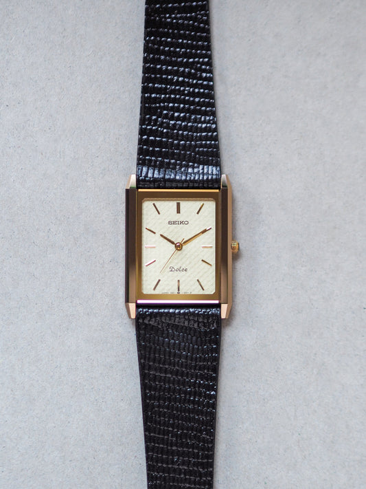 Seiko Dolce 7321-6170 Tank Tungsten Carbide Two Tone Champagne Textured Dial