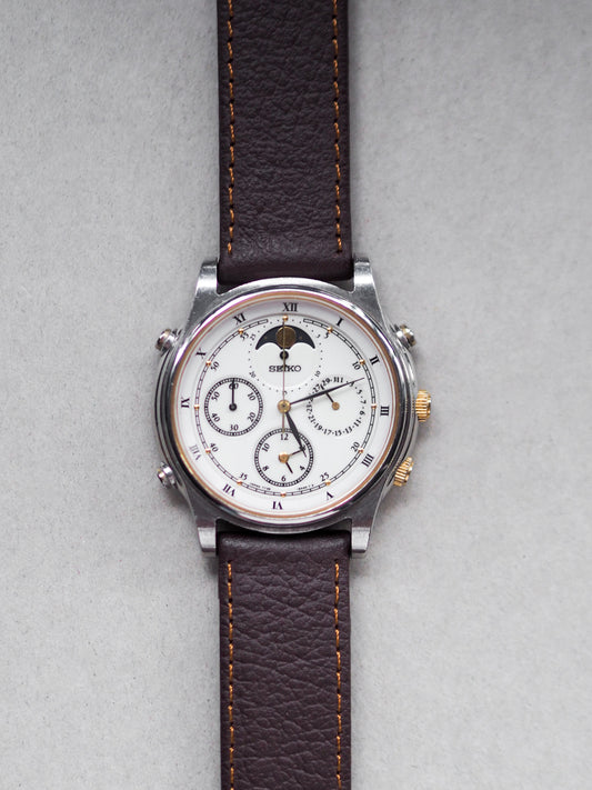 Seiko 7T36-6A80 Quartz Moonphase Chronograph Quartz White Dial