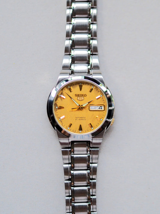 Seiko 5 Japan SNKD23 7S26-02R0 Arabic Date Gold Textured Dial