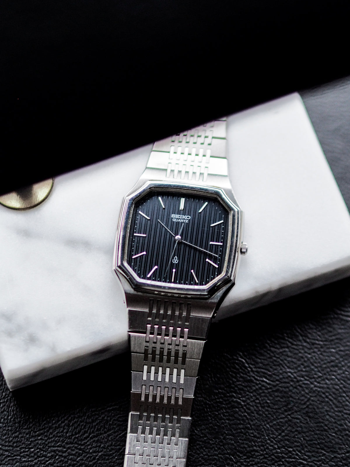 Seiko Quartz 6030-5080 Octagon Grey Black Pinstripe Dial